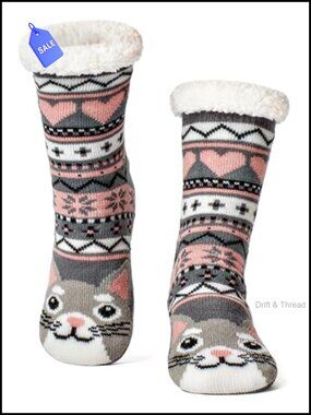 Fuzzy Sherpa-Lined Slipper Socks Non-Slip Grips Cat Design Women Size 6-10